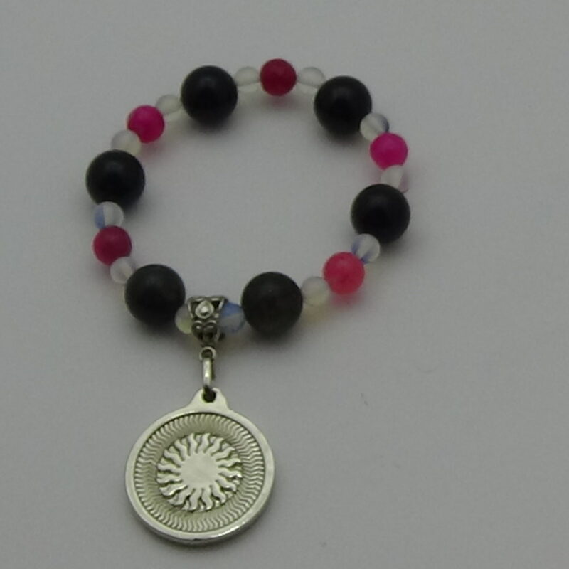 PULSERA DE CUARZO OBSIDIANA Y CUARZO ÁGATA ROSA CON DIJE DEL ENEGRAMA SOLAR DE PLATA