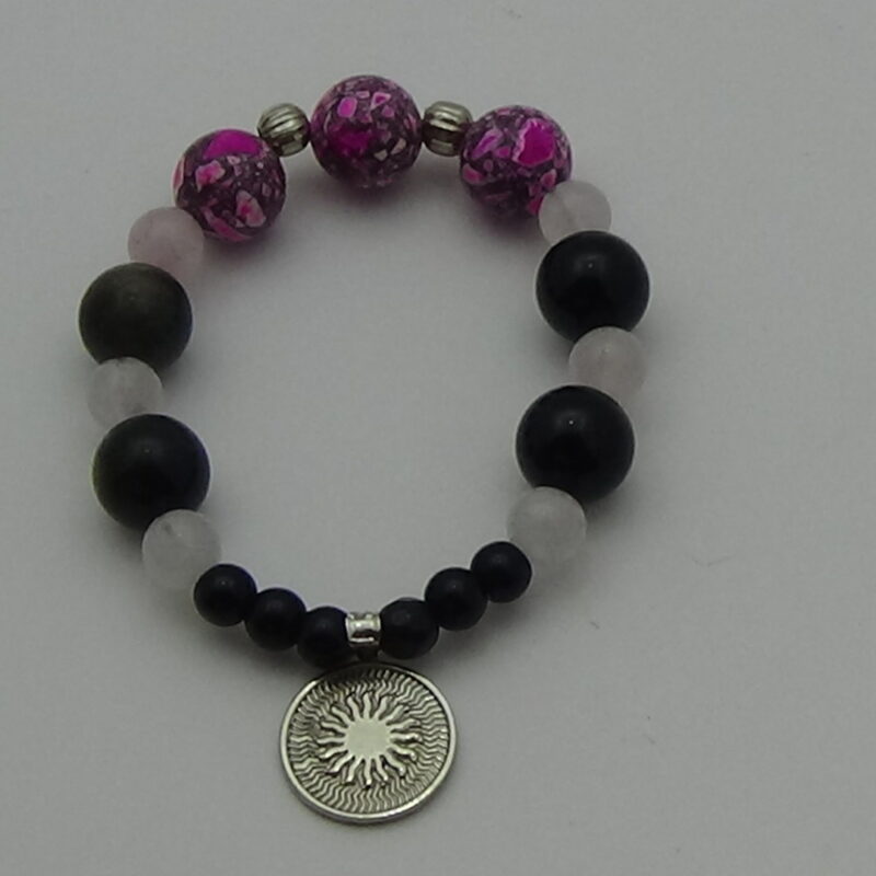 PULSERA DE CUARZO OBSIDIANA Y CUARZO ROSA CON DIJE DEL ENEGRAMA SOLAR DE PLATA
