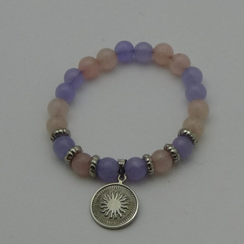 PULSERA DE CUARZO ROSA Y CUARZO AMATISTA CON DIJE DEL ENEGRAMA SOLAR DE PLATA