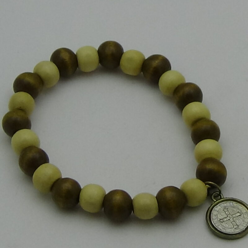PULSERA DE MADERA CON DIJE DE SAN BENITO PARA CABALLERO
