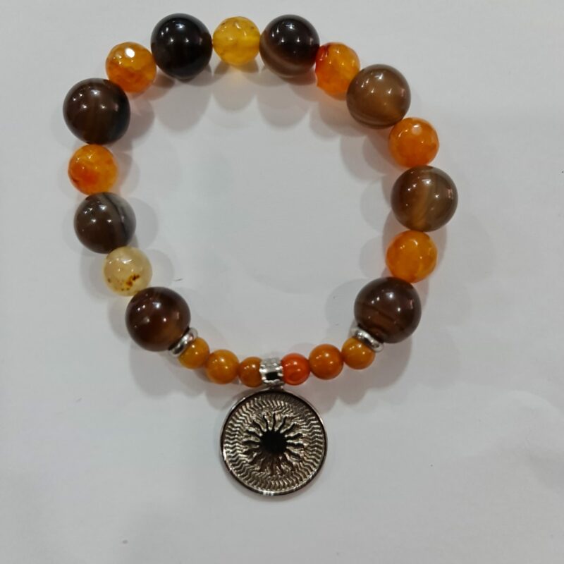 PULSERA DE CUARZO CORNALINA Y CUARZO CAFÉ CON DIJE DEL ENEGRAMA SOLAR DE PLATA