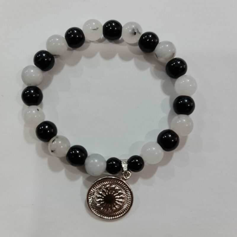 PULSERA DE CUARZO TURMALINA BLANCA Y CUARZO OBSIDIANA CON DIJE DEL ENEGRAMA SOLAR DE PLAT