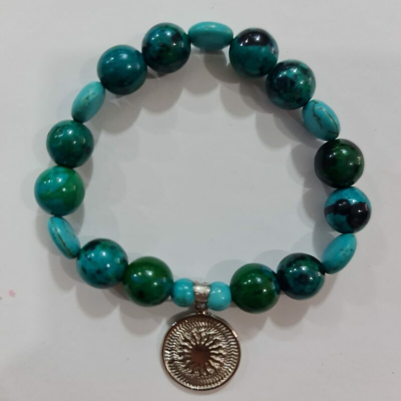 PULSERA DE CUARZO MALAQUITA Y CUARZO TURQUESA CON DIJE DEL ENEGRAMA SOLAR DE PLATA