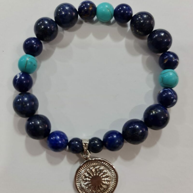 PULSERA DE CUARZO LAPISLÁZULI Y CUARZO TURQUESA CON DIJE DEL ENEGRAMA SOLAR DE PLATA