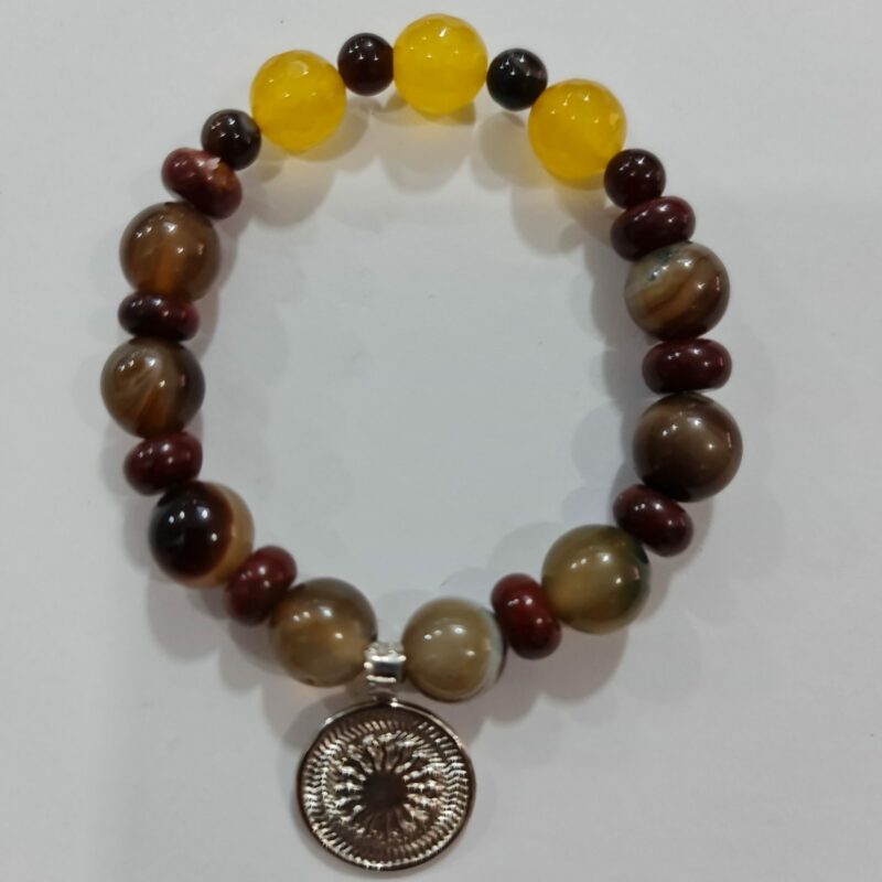 PULSERA DE CUARZO AMARILLO, CUARZO CORNALINA Y CUARZO OJO DE TIGRE CON DIJE DEL ENEGRAMA SOLAR DE PLATA