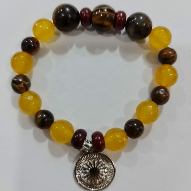 PULSERA DE CUARZO AMARILLO Y CUARZO OJO DE TIGRE CON DIJE DEL ENEGRAMA SOLAR DE PLATA