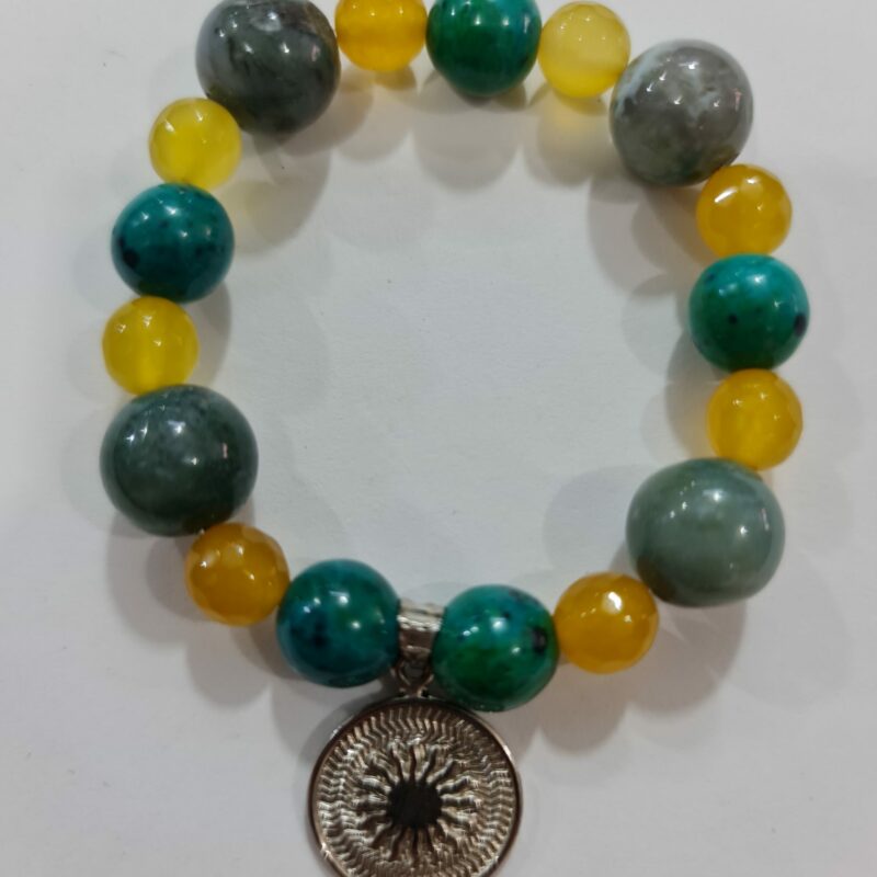 PULSERA DE CUARZO AMARILLO, CUARZO VERDE Y CUARZO MALAQUITA CON DIJE DEL ENEGRAMA SOLAR DE PLATA