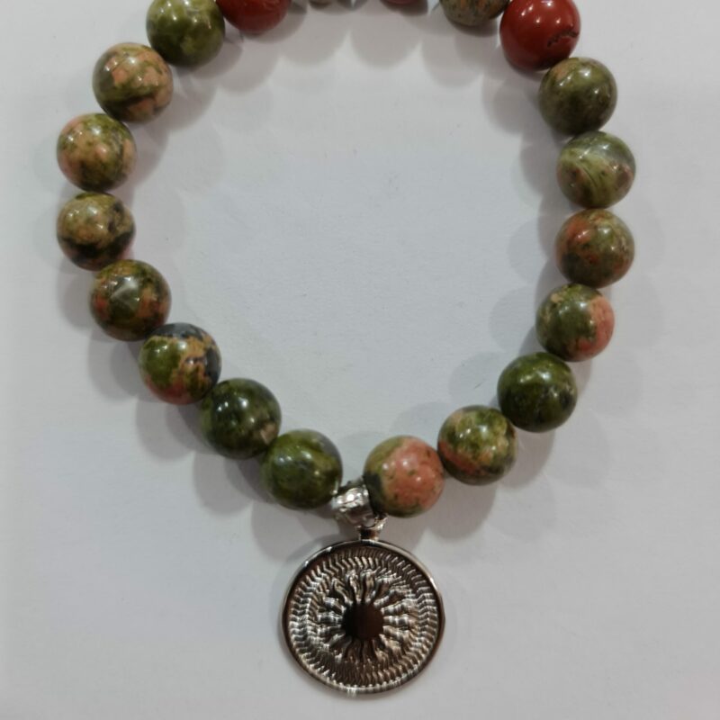 PULSERA DE CUARZO UNAKITA CON DIJE DEL ENEGRAMA SOLAR DE PLATA