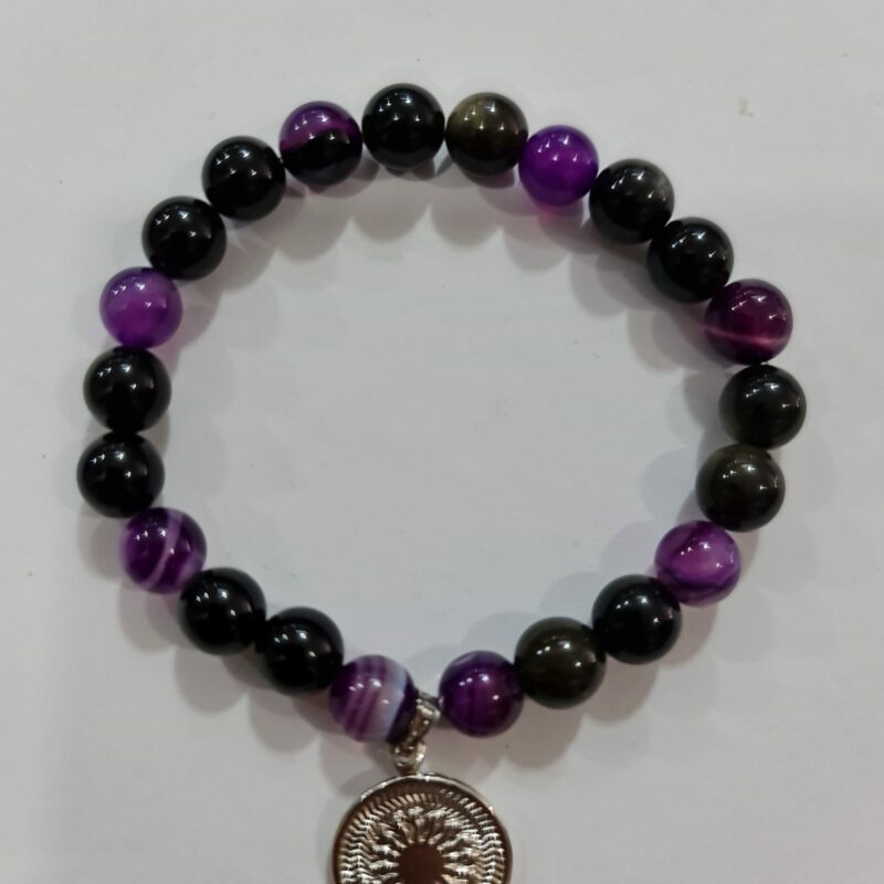PULSERA DE CUARZO ÁGATA MORADA Y CUARZO OBSIDIANA CON DIJE DEL ENEGRAMA SOLAR DE PLATA