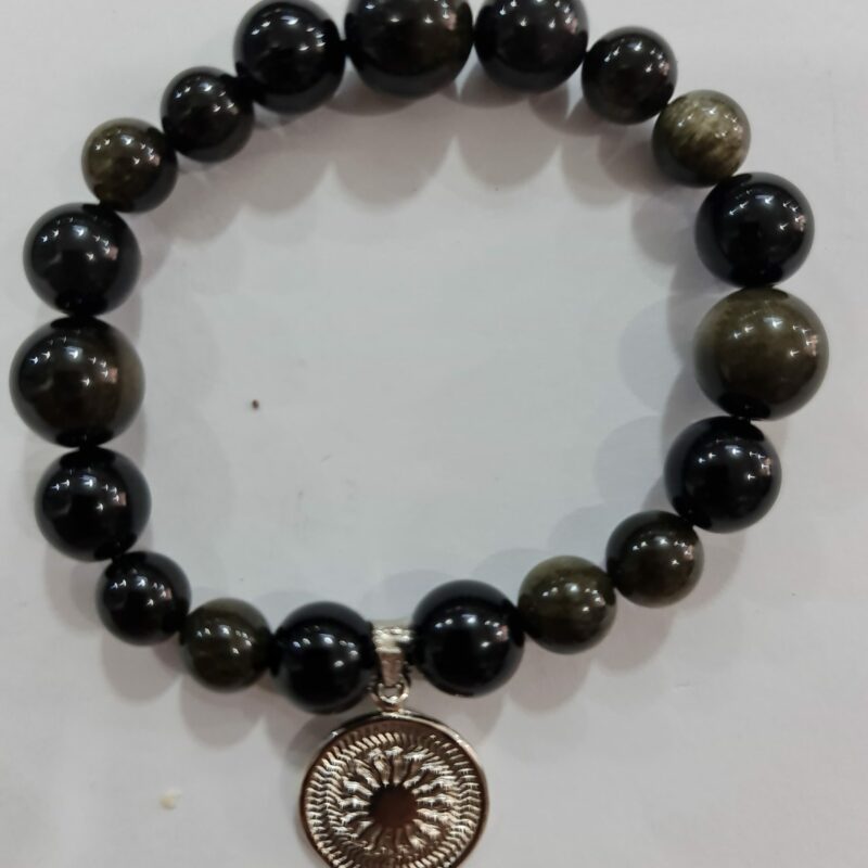 PULSERA DE CUARZO OBSIDIANA ARCOÍRIS CON DIJE DEL ENEGRAMA SOLAR DE PLATA