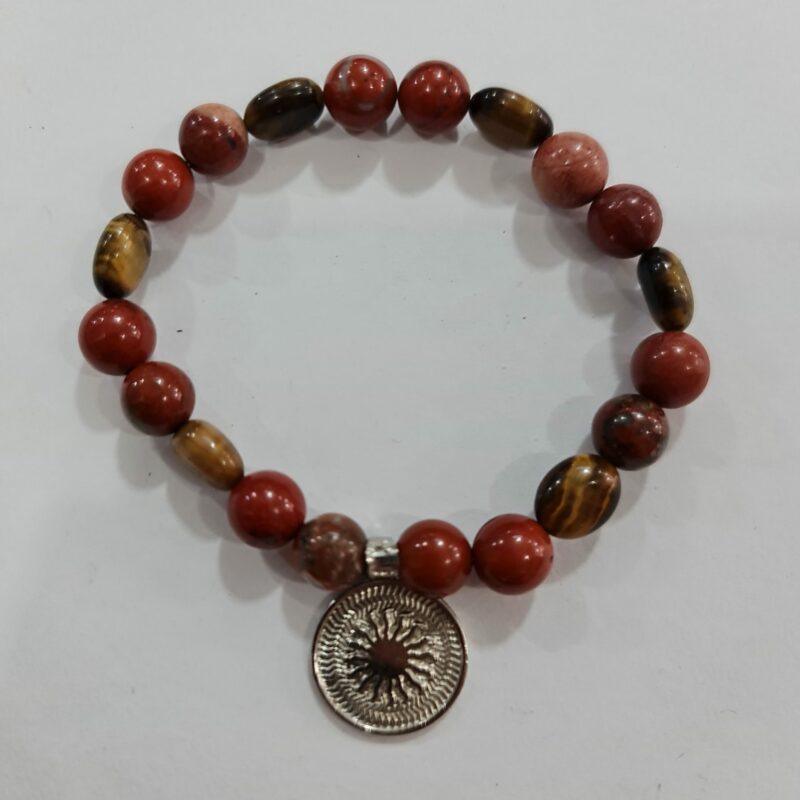 PULSERA DE CUARZO ÁGATA CORNALINA Y CUARZO OJO DE TIGRE CON DIJE DEL ENEGRAMA SOLAR DE PLATA