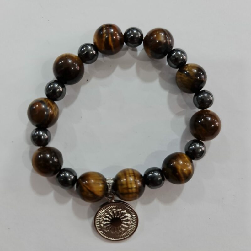 PULSERA DE CUARZO OJO DE TIGRE, CUARZO OBSIDIANA Y CUARZO ACERINA CON DIJE DEL ENEGRAMA SOLAR DE PLATA