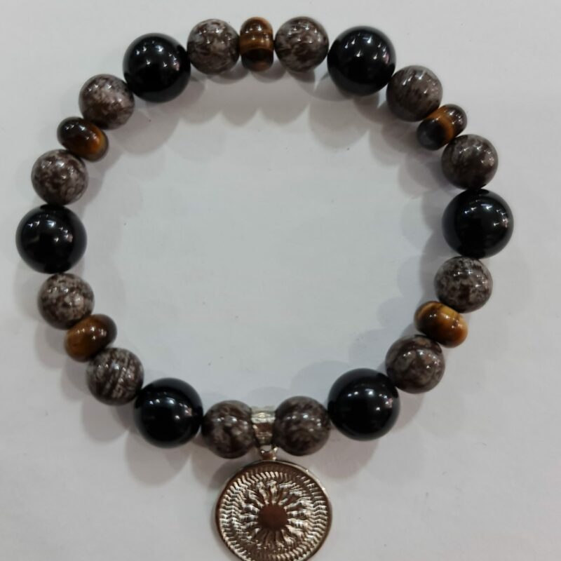 PULSERA DE CUARZO JASPE CAFÉ, CUARZO OBSIDIANA Y CUARZO OJO DE TIGRE CON DIJE DEL ENEGRAMA SOLAR DE PLATA