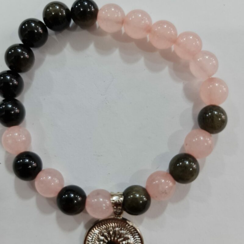 PULSERA DE CUARZO ROSA Y CUARSO OBSIDIANA CON DIJE DEL ENEGRAMA SOLAR DE PLATA