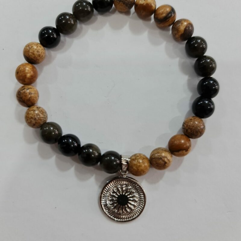 PULSERA DE CUARZO MADERA PETRIFICADA Y CUARZO OBSIDIANA ARCOÍRIS CON DIJE DEL ENEGRAMA SOLAR DE PLATA