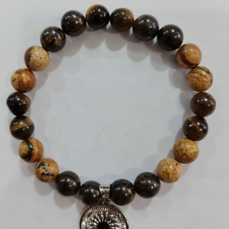 PULSERA DE CUARZO MADERA PETRIFICADA Y OJO DE TIGRE CON DIJE DEL ENEGRAMA SOLAR DE PLATA
