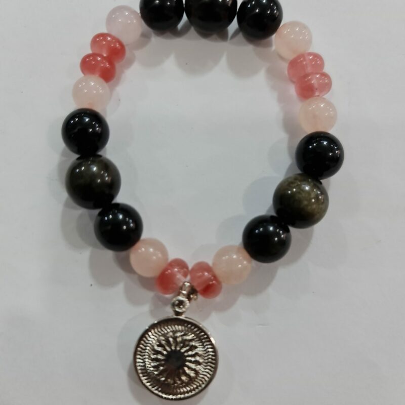 PULSERA DE CUARZO OBSIDIANA, CUARZO CHERRY Y CUARZO ROSA CON DIJE DEL ENEGRAMA SOLAR DE PLATA