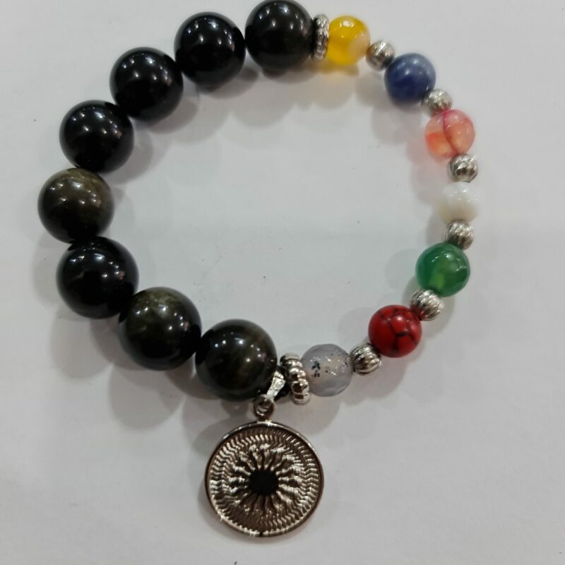 PULSERA DE CUARZO OBSIDIANA Y LOS 7 CHAKRAS CON DIJE DEL ENEGRAMA SOLAR DE PLATA