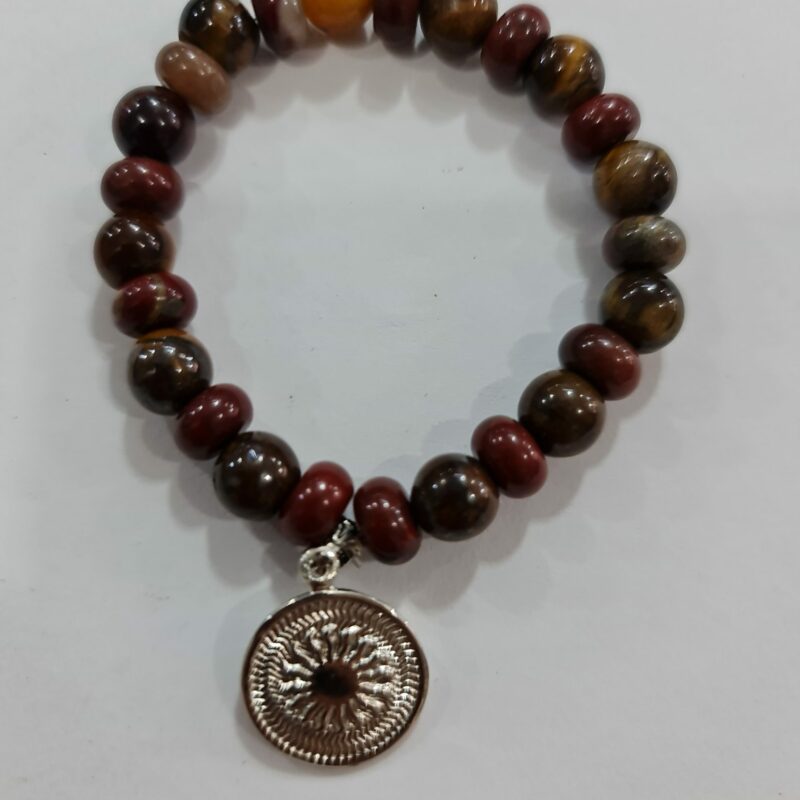 PULSERA DE CUARSO ÁGATA CORNALINA Y CUARZO OJO DE TIGRE CON DIJE DEL ENEGRAMA SOLAR DE PLATA