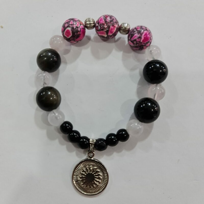 PULSERA DE CUARZO OBSIDIANA Y CUARZO ROSA CON DIJE DEL ENEGRAMA SOLAR DE PLATA
