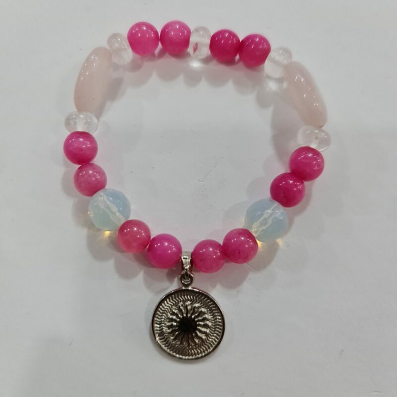 PULSERA DE CUARZO ROSA Y CUARZO ÁGATA ROSA CON DIJE DEL ENEGRAMA SOLAR DE PLATA