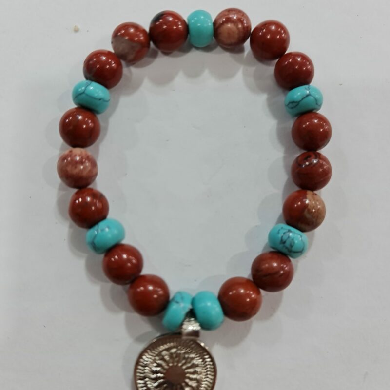 PULSERA DE CUARZO ÁGATA CORNALINA Y CUARZO TURQUESA CON DIJE DEL ENEGRAMA SOLAR DE PLATA
