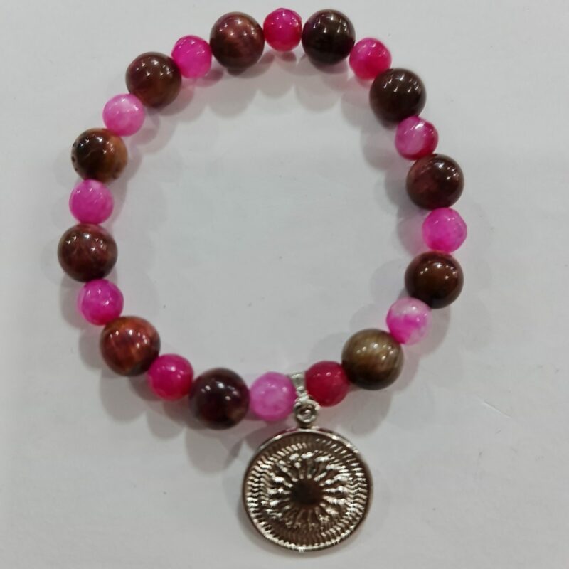 PULSERA DE CUARZO ÁGATA ROSA Y CUARZO OJO DE GATO CON DIJE DEL ENEGRAMA SOLAR DE PLATA