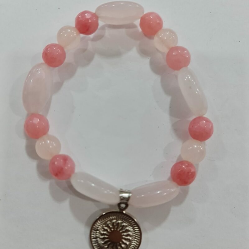 PULSERA DE CUARZO ROSA Y CUARZO CHERRY CON DIJE DEL ENEGRAMA SOLAR DE PLATA