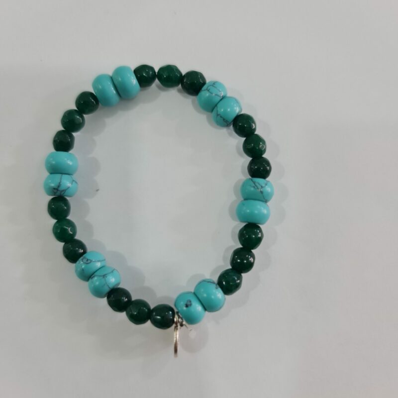 PULSERA DE CUARZO VERDE Y CUARZO TURQUEZA CON DIJE DE MONEDA CHINA