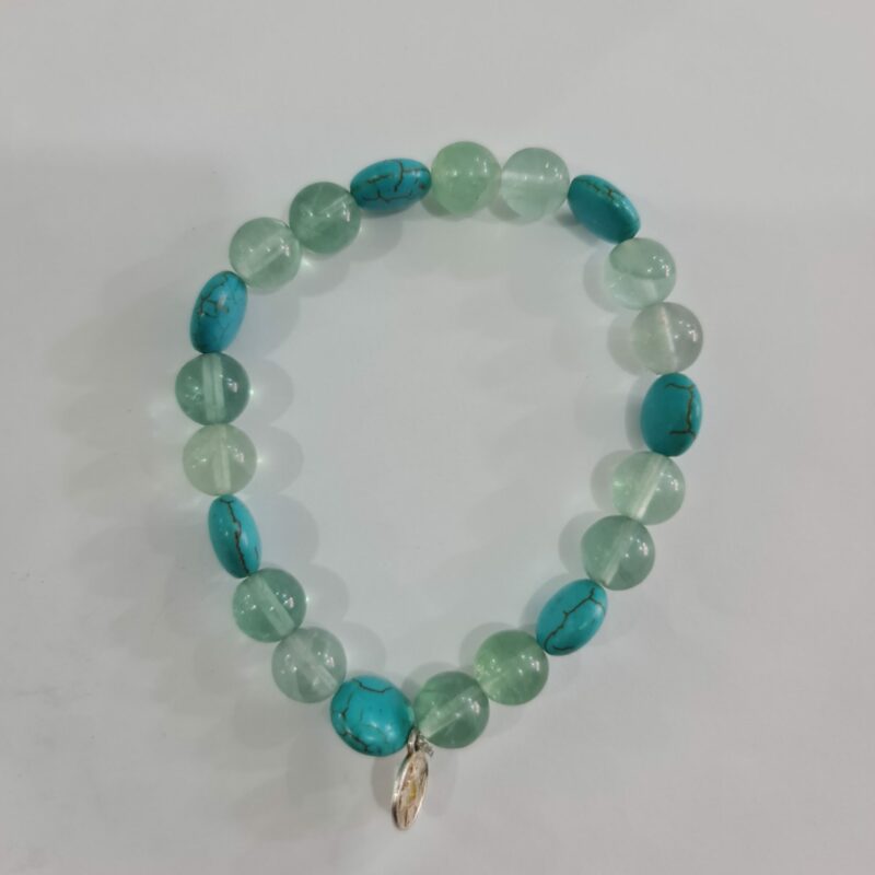 PULSERA DE CUARZO VERDE Y CUARZO TURQUESA CON DIJE DE MONEDA CHINA DEL FENG SHUI