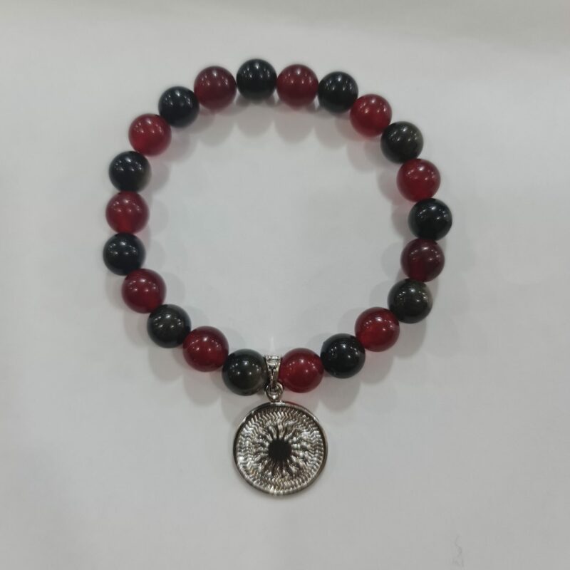 PULSERA DE CUARZO OBSIDIANA Y CUARZO ROJO CON DIJE DEL ENEGRAMA SOLAR DE PLATA