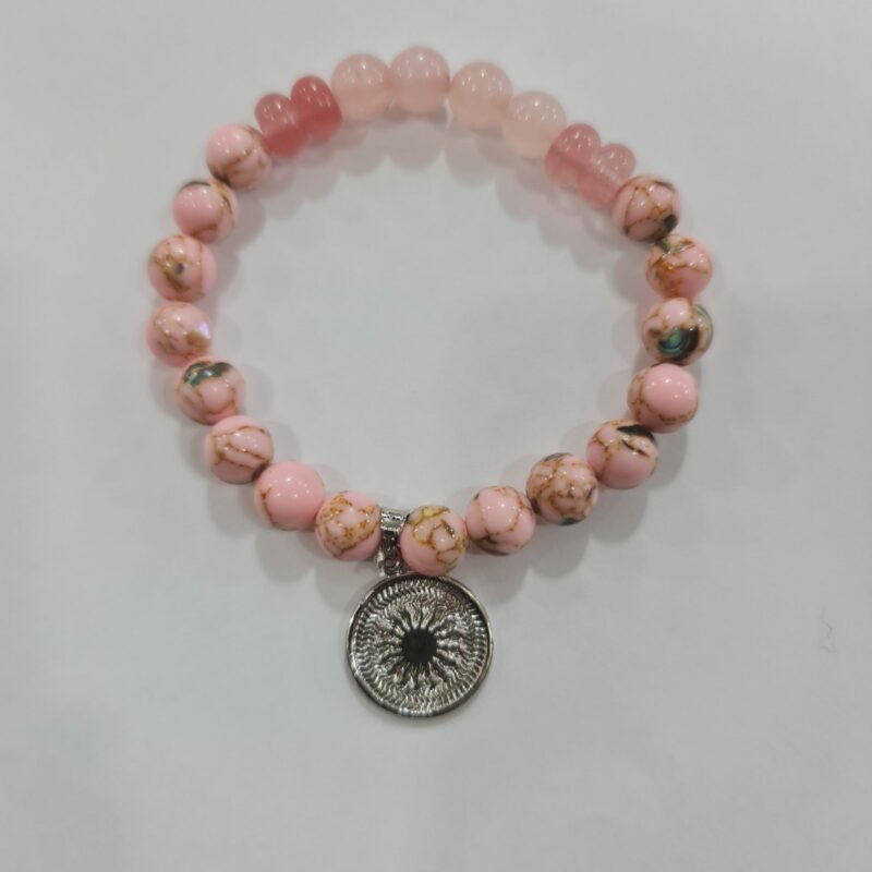 PULSERA DE CUARZO RODOCROSITA, CUARZO CHERRY Y CUARZO ROSA CON DIJE DEL ENEGRAMA SOLAR DE PLATA