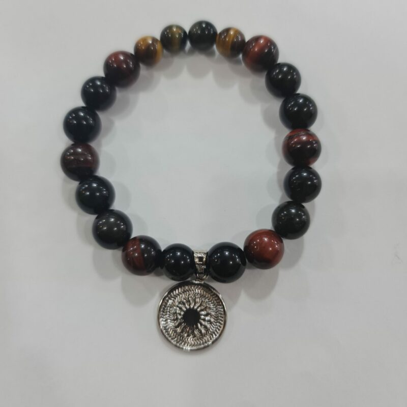 PULSERA DE CUARZO OJO DE GATO Y CUARZO OBSIDIANA CON DIJE DEL ENEGRAMA SOLAR DE PLATA