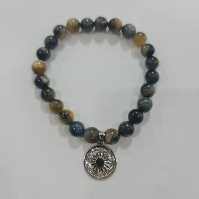 PULSERA DE CUARZO OJO DE TIGRE VERDE CON DIJE DEL ENEGRAMA SOLAR DE PLATA