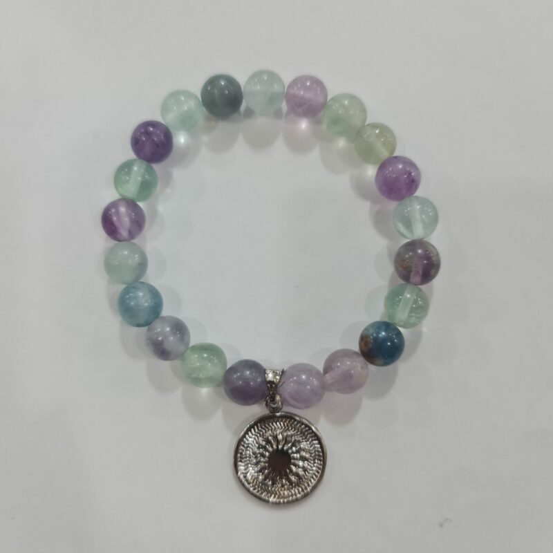 PULSERA DE CUARZO FLOURITA CON DIJE DEL ENEGRAMA SOLAR DE PLATA