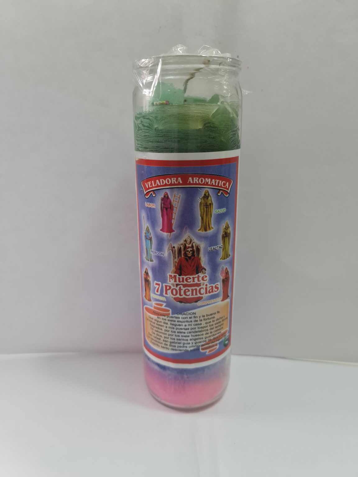 VELADORA DE VASO DE SANTA MUERTE 7 POTENCIAS PREPARADA