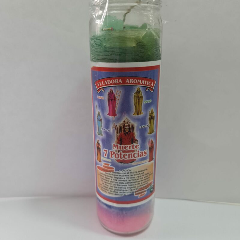 VELADORA DE VASO DE SANTA MUERTE 7 POTENCIAS PREPARADA