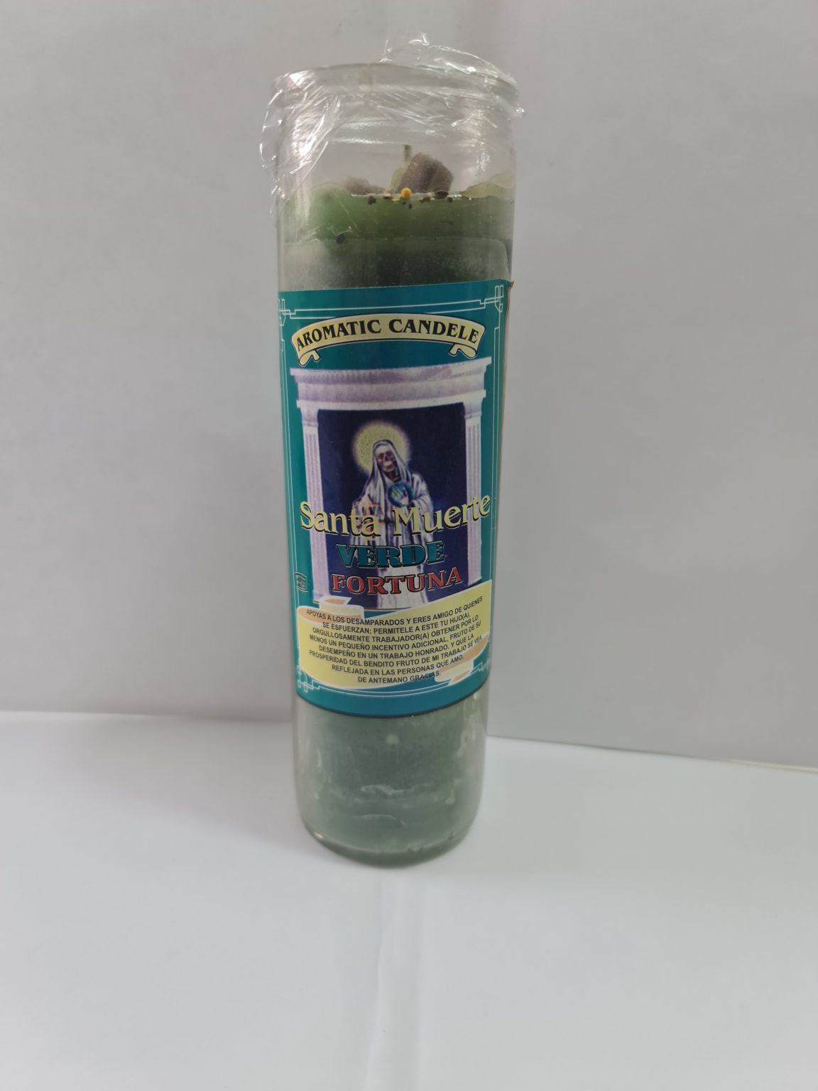 VELADORA DE VASO DE SANTA MUERTE VERDE PREPARADA