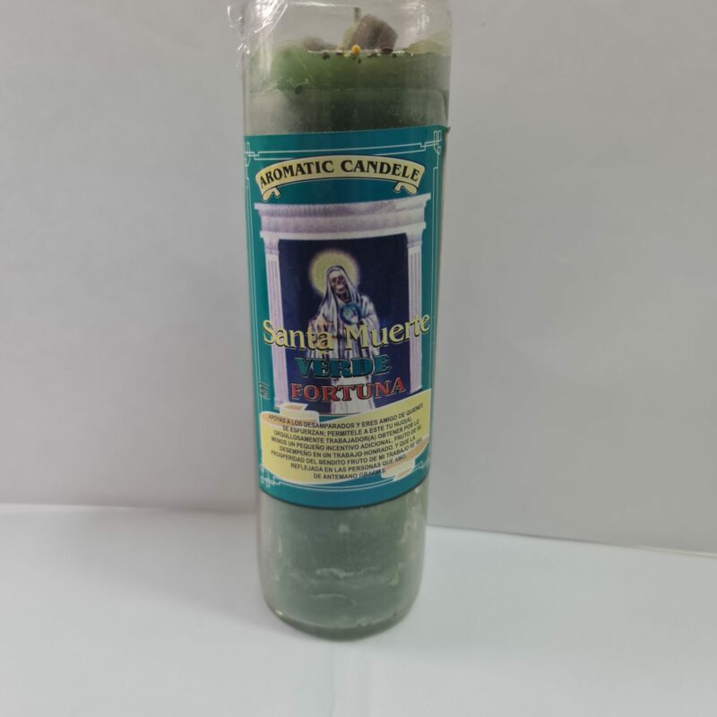 VELADORA DE VASO DE SANTA MUERTE VERDE PREPARADA