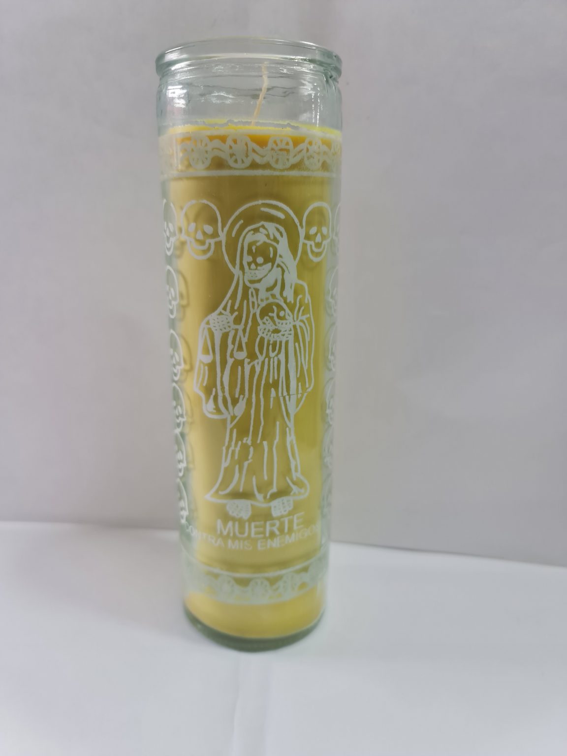 VELADORA DE VASO DE SANTA MUERTE AMARILLA PREPARADA