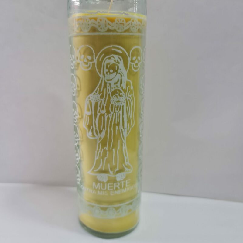 VELADORA DE VASO DE SANTA MUERTE AMARILLA PREPARADA