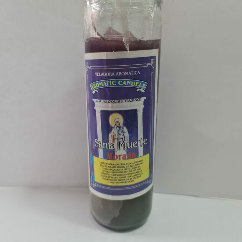 VELADORA DE VASO DE SANTA MUERTE MORADA PREPARADA