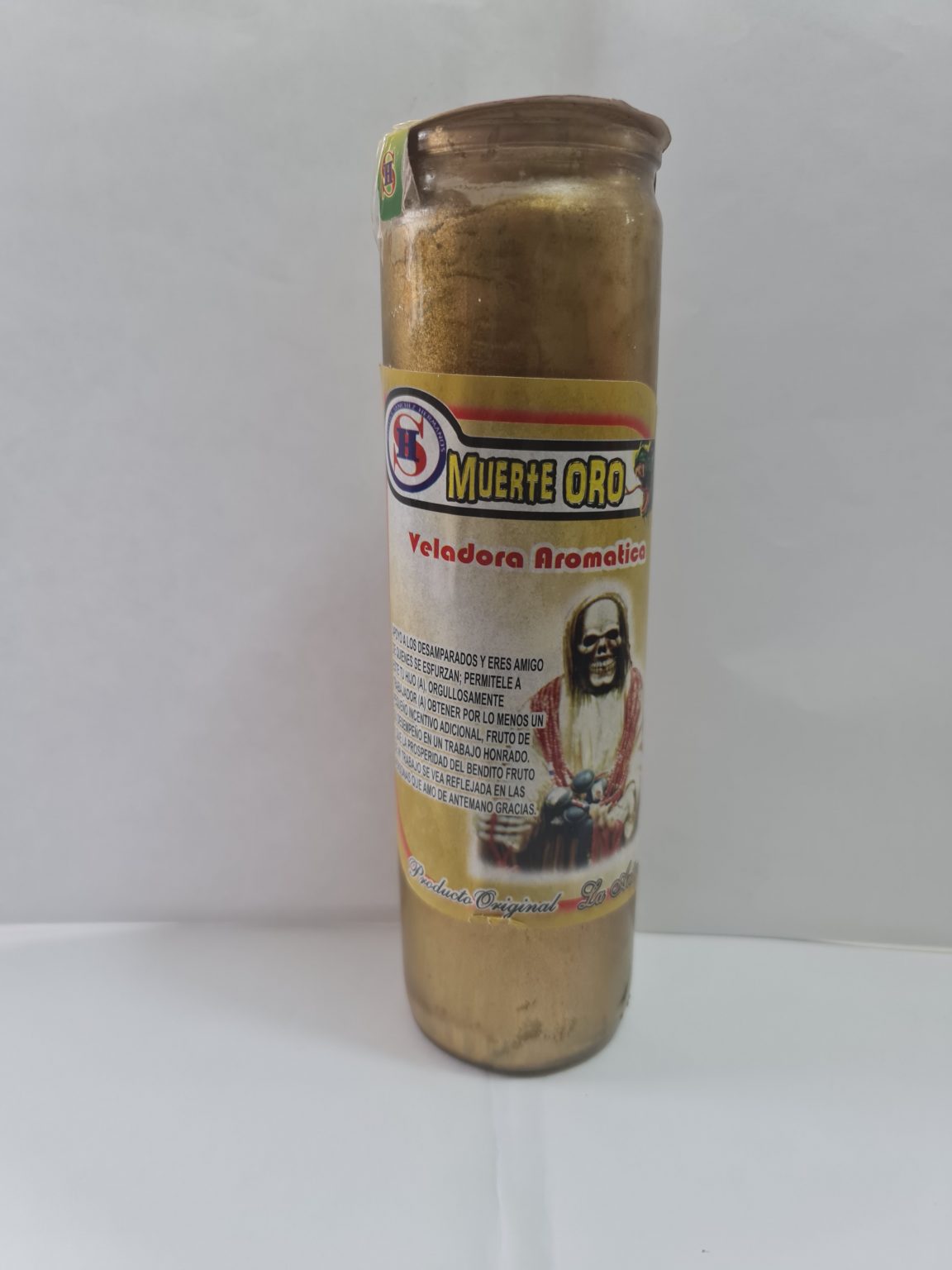 VELADORA DE VASO DE SANTA MUERTE DORADA PREPARADA
