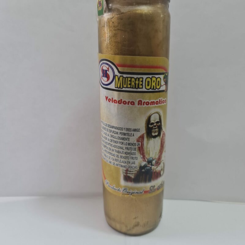 VELADORA DE VASO DE SANTA MUERTE DORADA PREPARADA