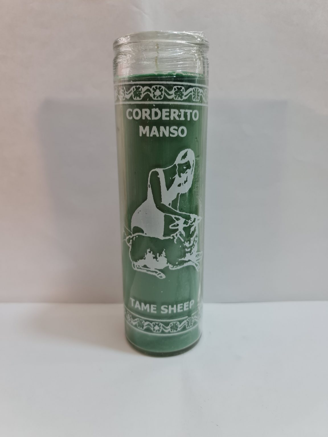 VELADORA DE VASO DE CORDERO MANSO VERDE PREPARADA