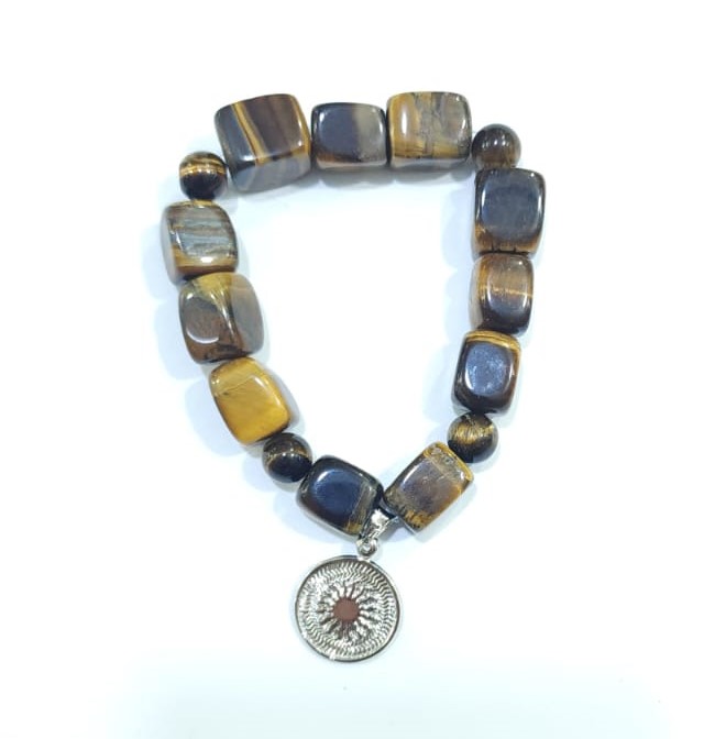 PULSERA DE CUARZO OJO DE TIGRE CON DIJE DEL ENEGRAMA SOALR DE PLATA