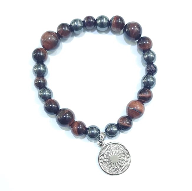 PULSERA DE CUARZO ACERINA Y CUARZO OJO DE GATO CON DIJE DEL ENEGRAMA SOLAR DE PLATA