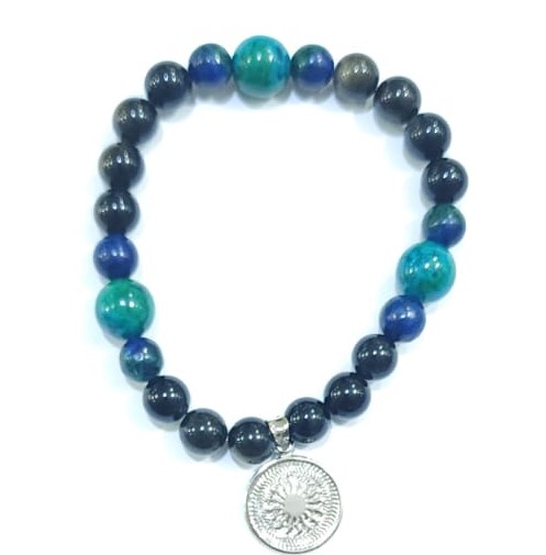 PULSERA DE CUARZO LAPISLÁZULI Y CUARZO MALAQUITA CON DIJE DEL ENEGRAMA SOLAR DE PLATA