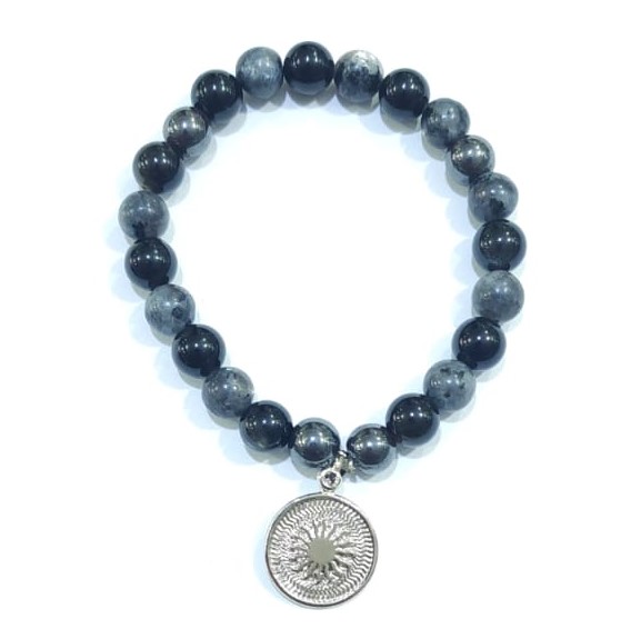 PULSERA DE CUARZO OBSIDIANA Y CUARZO LABRADORITA CON DIJE DEL ENEGRAMA SOLAR DE PLATA