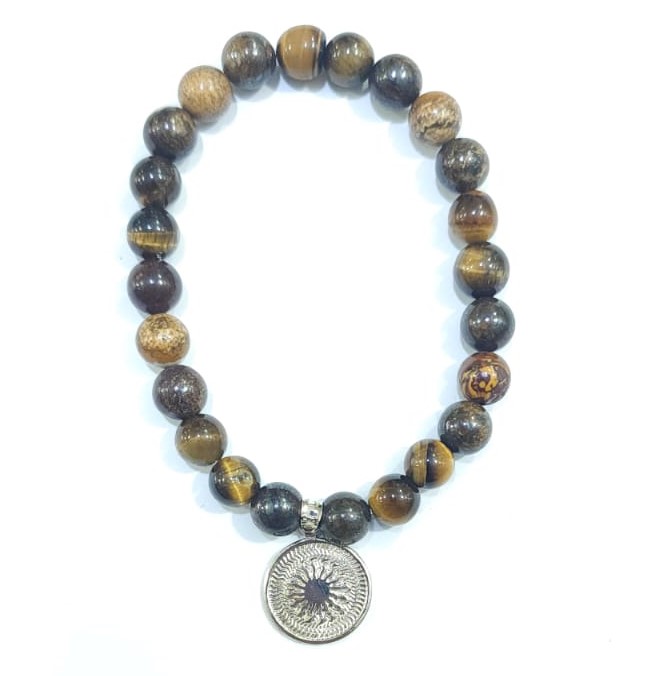 PULSERA DE CUARZO DE OJO DE TIGRE CON DIJE DEL ENEGRAMA SOLAR DE PLATA